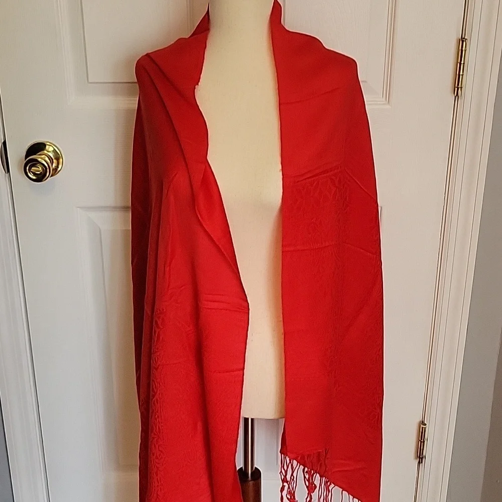 Red pashmina paisley fringe wrap, scarf